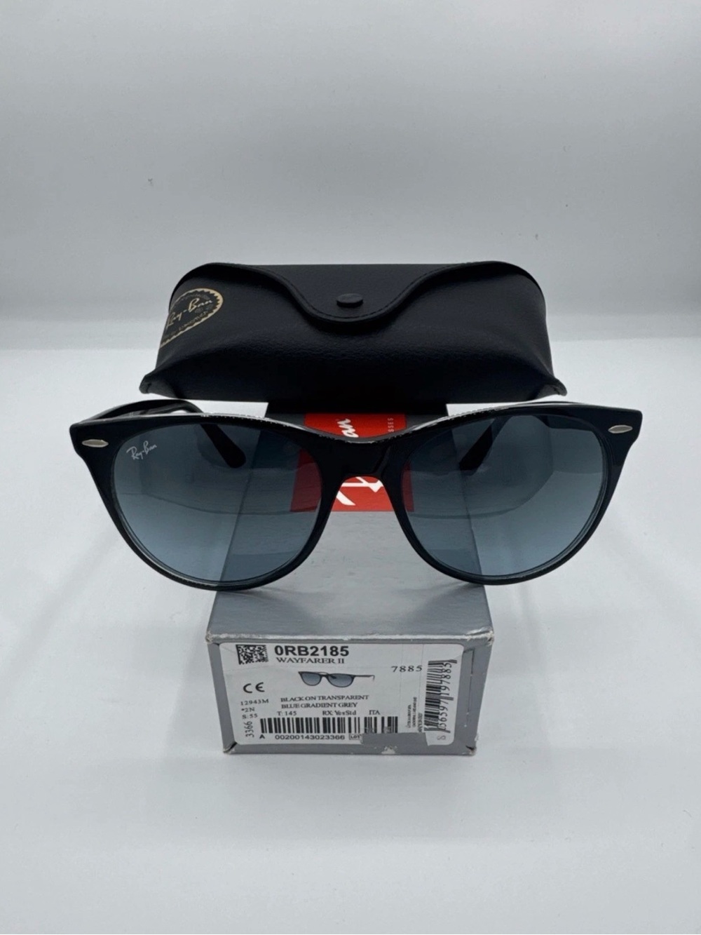 Ray-Ban Wayfarer II ORB2185 Black On Transparent With Blue Gradient Grey Lenses